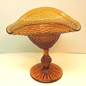 Vintage Indiana Glass amber glass diamond point, fan shaped pedestal bowl.